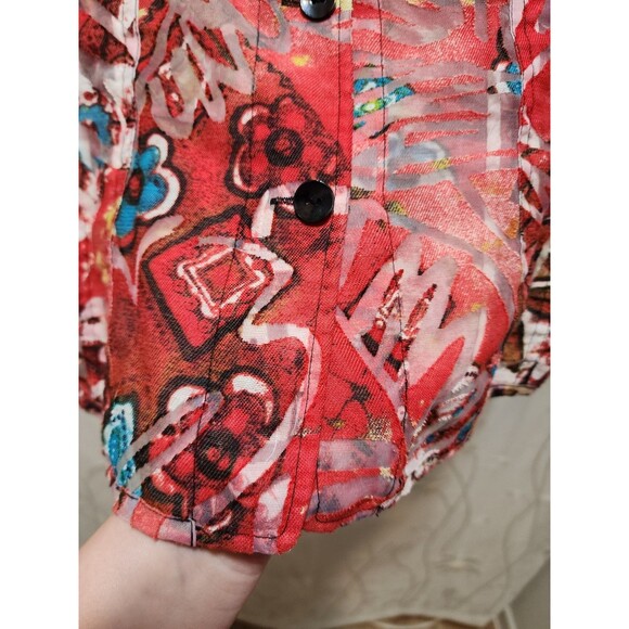 Chicos Women 3 Red Shaket Button Sheer Burnout Floral Long Sleeve Abstract Artsy - Picture 4 of 12